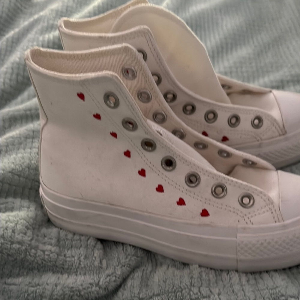 Converse White High-Top Sneakers with Red Heart Accents